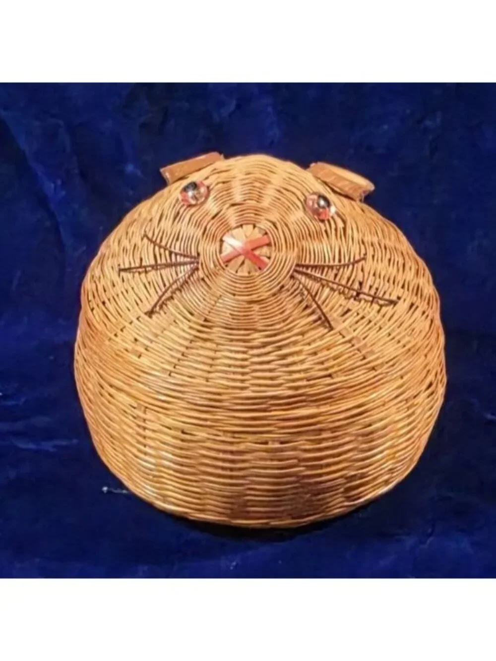 Vintage Woven Wicker Lidded Bunny Basket with Ceramic Liner 4.5